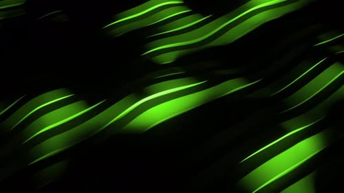Luminous green lines waving on dark background. 3d loop animation 4k