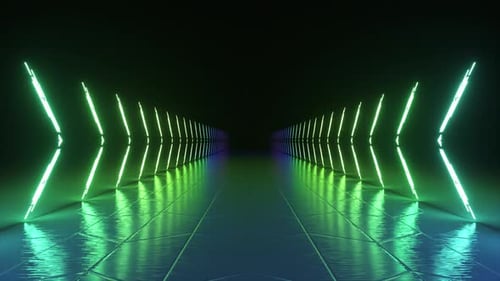Neon Luminous Lines Alternately Light Up and Form a Corridor on a Dark Background Blue Green Light