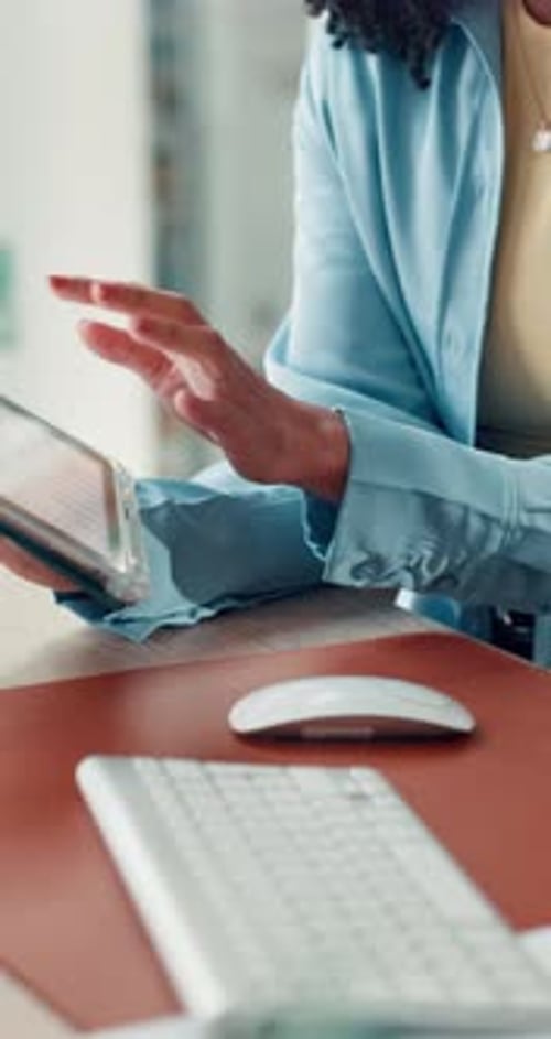 Graphs, online and hands with tablet, office and teamwork for ad campaign