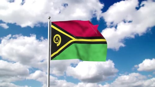 Vanuatu Flag Waving Against Blue Sky with Clouds