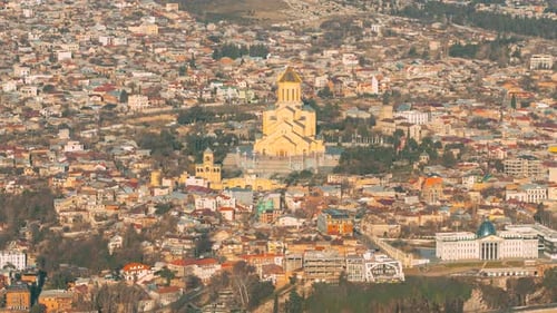 Tbilisi Georgia Sameba Church In Georgian Capital Skyline Cityscape Sunset Time Lapse Timelapse
