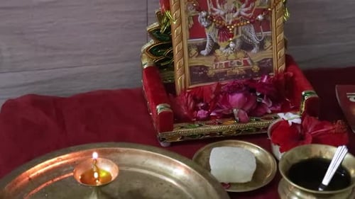 hindu goddess durga idol holy worship at home on the occasion of durga puja in india.
