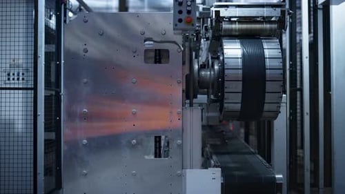 Roboter-Reifenprägemaschine, die automatisch in einer technologischen Anlage arbeitet. Industrietechnik...