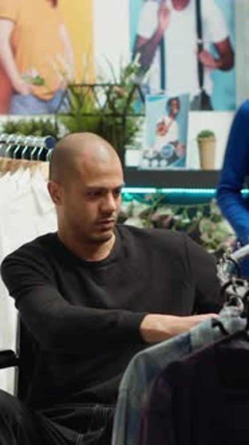 Man Shopping in Clothing Store, Talking to Saleswoman