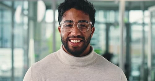 Face, happy man and corporate employee in office for career development