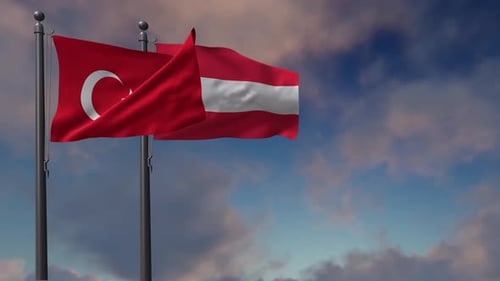 Flags of Turkey and Latvia Waving on Flagpoles
