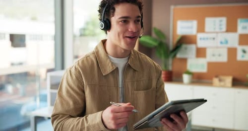 Tablet, call center consultant and man talk with customer experience analyst for quality assurance