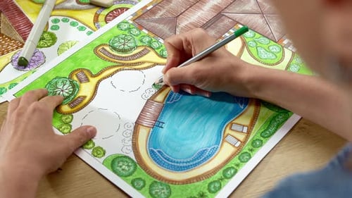 Landscape designer draws a sketch on paper. Layout.