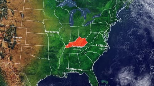 Animated United States Map Highlighting Kentucky with Capital City Label