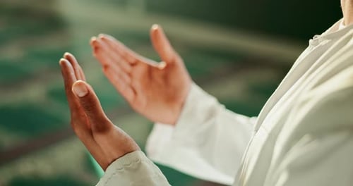 Allah, person or open hands in Mosque for prayer, praise or Palestine support in Islamic holy