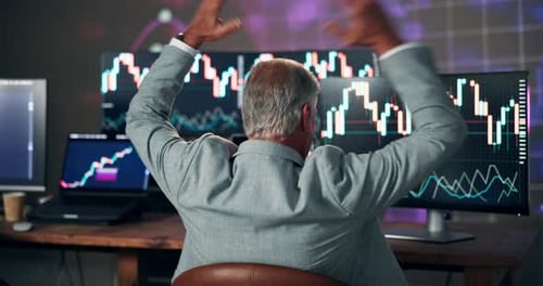 Mature man, trading and back with computer, relief and success with investment