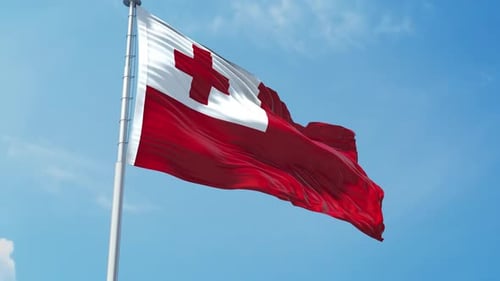 Tonga Flag Waving Against Clear Blue Sky