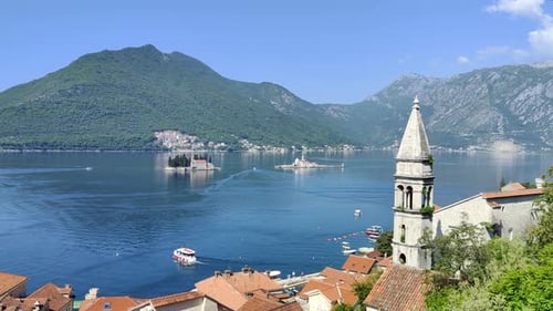Sunny view of Our Lady of the Rocks, an Islet in the Bay of Kotor in Montenegro.