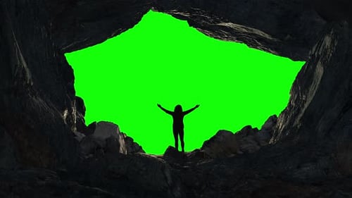 Adventure Woman Hiker Standing in an Ice Cave on Top of Mountain Composite Cutout with Green Screen