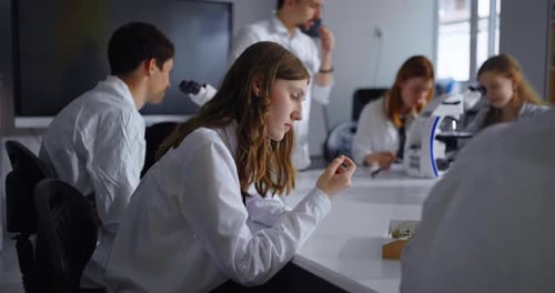 Group Of School Students Studying Entomological Collection With Beetles In Classroom Biology Lesson