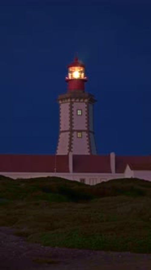 Lighthouse Sending Its Light Beam at Night Cape Espichel Portugal