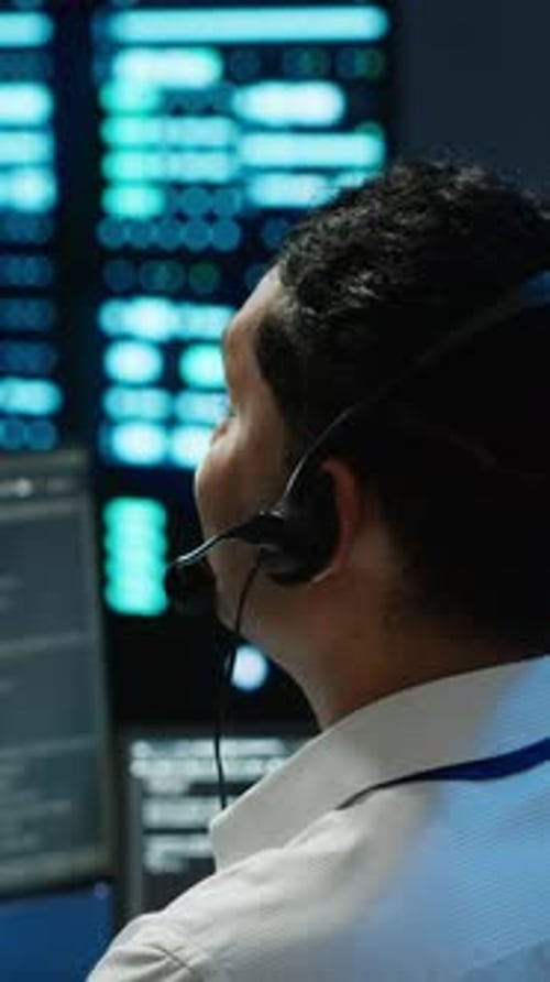 Vertical Video Server Hub IT Professional Talking in Microphone with System Administrators