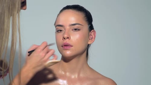 Makeup Young Woman Close Up Visage Cosmetic Mascara Makeup Artist Applying Foundation Skin Blusher