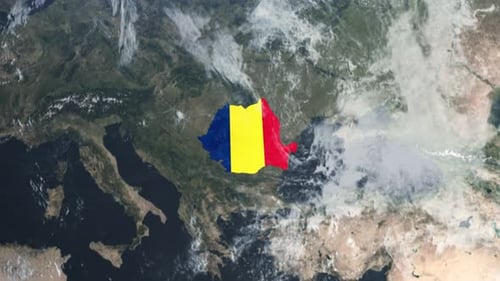 Global Earth Zoom to Romania Map with Flag