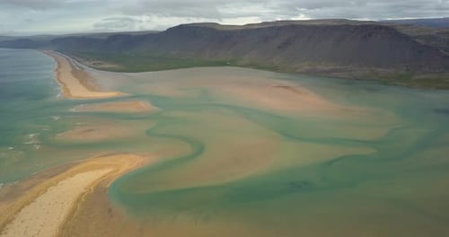 sea and river meet in northern Iceland, Aerial view