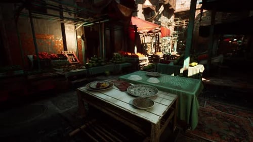 Animated Market Street View with Fresh Produce Stalls