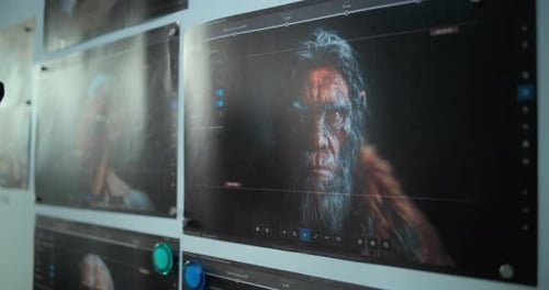 Board with Printed Images of 3D Model of Ancient Human Head