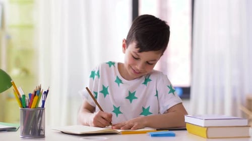 Childhood, Education, Leisure and People Concept - Happy Little Boy with Notebook