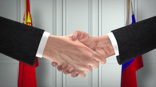 Corporate Handshake Between Two Nations with Flags