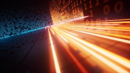 Flowing neon lines with binary data background