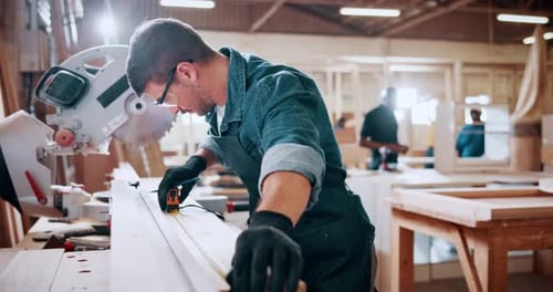 Carpentry, measure and man in workshop for manufacture, planning or project with furniture