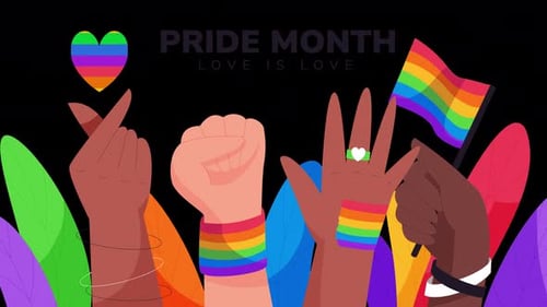 Animated Pride Month Greeting with Diverse Hands and Rainbow Flag