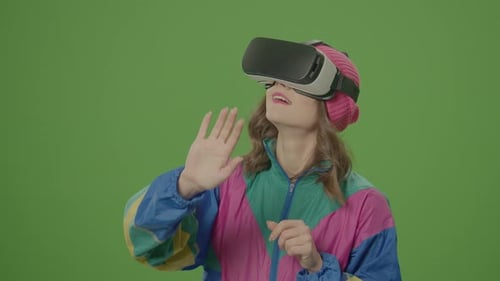 Green Screen Girl of '80'90s Style Wearing Virtual Reality Headset