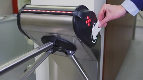 Closeup Worker Uses Contactless Key for Passing to Office