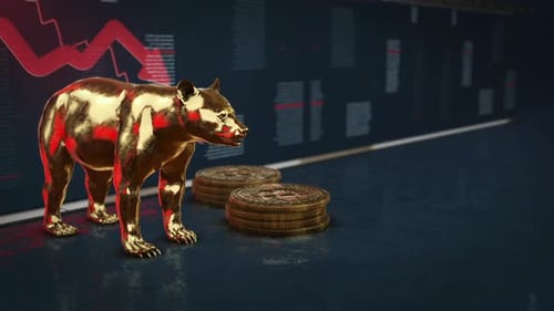 Bear Market Falling Financial Chart With Golden Bear 3D Loop Animation 4K