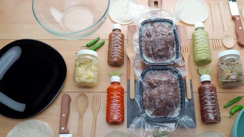 mexican vacuum sealed beef meat for tacos cooking top view panning