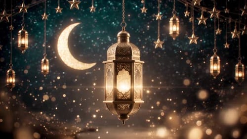 Ramadan Kareem Golden Lanterns and Sparkling Crescent Moon Night