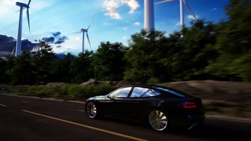 3D render of generic electric car drives on a Road with wind turbines in the background