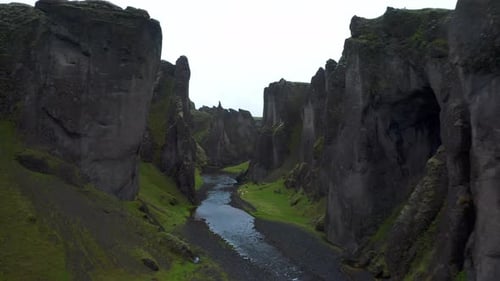Fjaðrárgljúfur Canyon On The South Coast Of Iceland - aerial drone shot