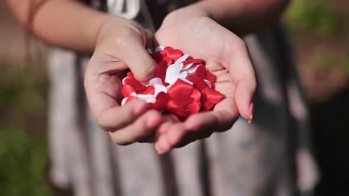 Woman Holding Heart-Shaped Red and White Confetti