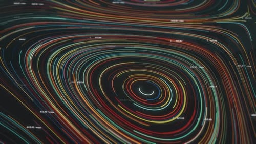 Nano-Kollektion: Animiertes Loop-Übergangselement aus rotierenden mehrfarbigen Kreisen mit Linien und Nu