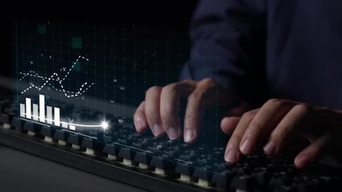 Gráfico de crecimiento empresarial con entrada de teclado y visualización de análisis de datos en un entorno oscuro para Fi