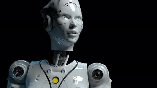 Animated Futuristic Robot Head with Blinking Eyes and Head Turn