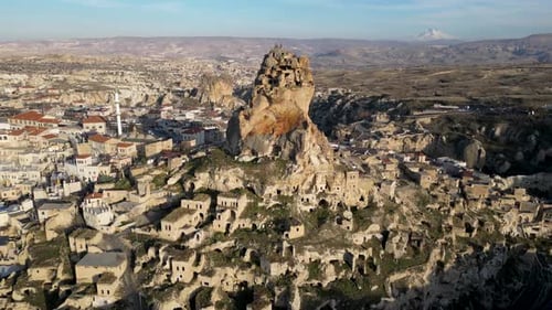 Aerial drone view of the Ortahisar Castle in Cappadocia, Turkey