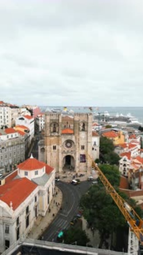 Aerial video Lisbon Cathedral or Lisbon Se de Lisboa Church known as Santa Maria Mayor, Portugal.
