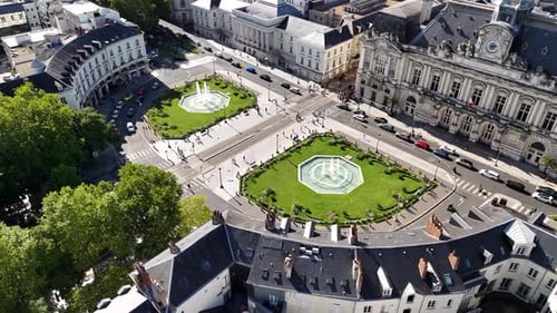 Aerial footage of Jean Jaures Square (Place Jean Jaures) in Tours, France