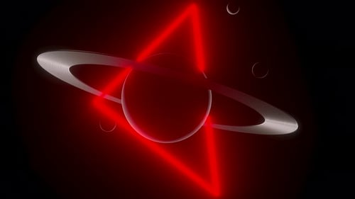 Luz en forma de triángulo rojo que rodea a Saturno en el espacio oscuro (bucle de animación 3D)