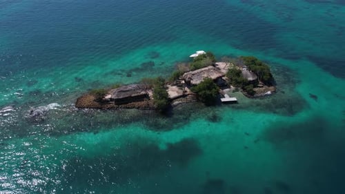 Drone Shot of Small Resort Island in Caribbean Sea, Rosario Islands Archipelago, Cartagena, Colombia