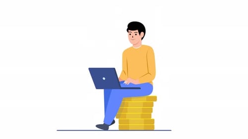 Man Earning Money Online with Laptop in Flat Design Animation