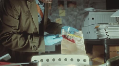 Detective Examining Evidence at Crime Scene