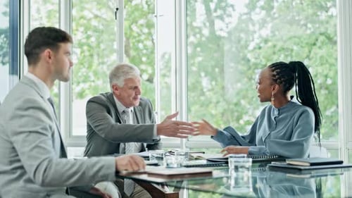 Meeting, applause and business people with a handshake for a welcome, corporate deal or onboarding